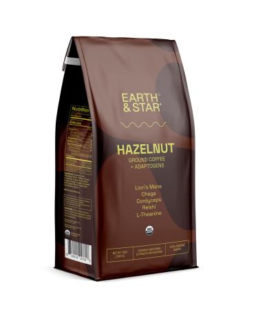Earth & Star Hazelnut Mushroom Coffee | Organic Ground Coffee | Lions Mane Chaga Cordyceps Reishi L-theanine | Antioxidant Rich with Immune Support Sustained Energy Concentration Boost | 12oz Hazelnut 12 Ounce (Pack of 1)