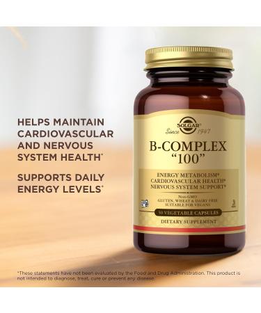 Solgar B-Complex 100" - 50 Vegetable Capsules - Energy Metabolism Nervous System Support - Non-GMO Vegan Gluten Free - 50 Servings - Buy Online on GoSupps.com