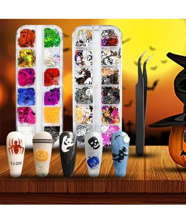 Halloween Nail Glitter Sequins Kit CHANGAR 3D Holographic Halloween Pumpkin Witch Ghost Broomstick Mummy Skull Shape Laser Nail Glitter Flakes for Nail Art Halloween Party Supplies with 1 Pc Tweezers - Buy Online on GoSupps.com