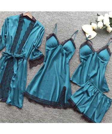 Silk 4pcs Pajama Set for Women | Cami Top, Shorts, Nightgown, Robe | Sexy & Cute Lounge Sleepwear | 3X-Large (B1_blue) - Buy Online on GoSupps.com