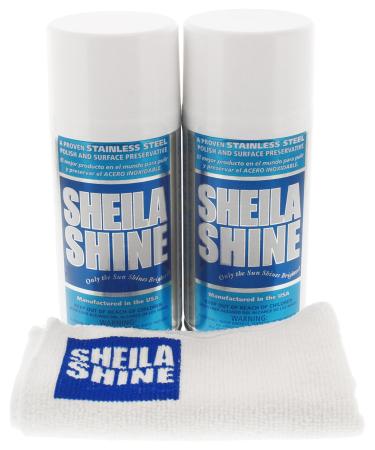 Sheila Shine Stainless Steel Polish & Cleaner | Microfiber Polishing Cloth | Protects Appliances from Fingerprints and Grease Marks | Residue & Streak Free | 2 x 10 Oz Aerosol Can and Cloth 3