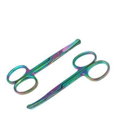 Set of 2 Pieces 3.5" Rainbow Nose Scissors Straight & Curved Mustache Scissors Ear Beard Trimming Scissors Eyebrow Shears, Personal Grooming Scissors Men Women Stainless Steel Multi-purpose Scissors