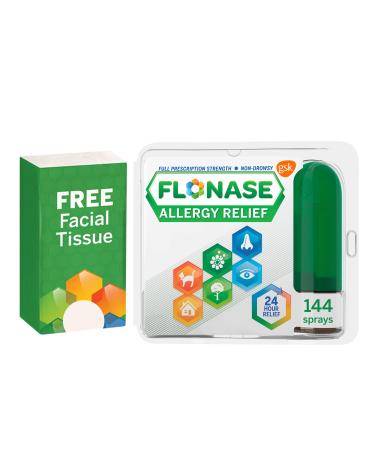 Flonase Allergy Relief Nasal Spray, 24 Hour Non Drowsy Allergy Medicine, Metered Nasal Spray - 144 Sprays + Pack of Tissues