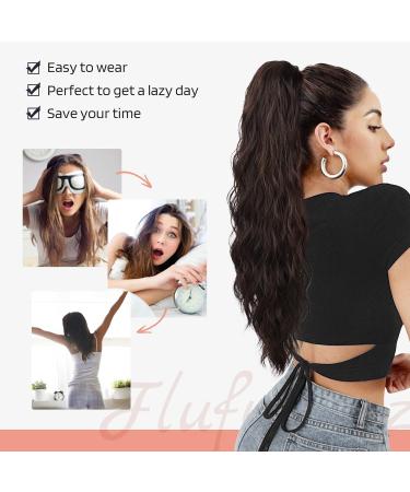 FLUFYMOOZ 26 Drawstring Ponytail Extension - Ash Brown with Blonde Highlights - Long Curly Wavy Synthetic Hairpiece for Women - Buy Online on GoSupps.com