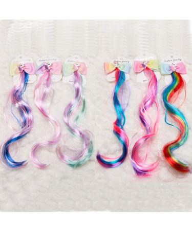 6 Colors Princess Unicorn Hair bow 14 inch Clips In unicorn Hair Extensions for Kid Girls Ponytails Hair Bows 6Pcs-Unicorn-Bow