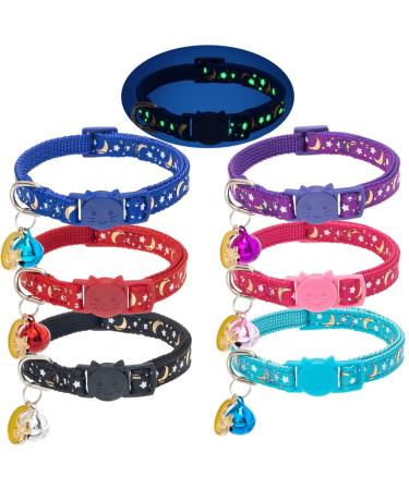 KOOLTAIL Cat Collar Breakaway with Bells - 6 Pack Glow in The Dark - Cute Pattern Pet Reflective Collars Ideal for Kitten Cats Puppy Star & Moon