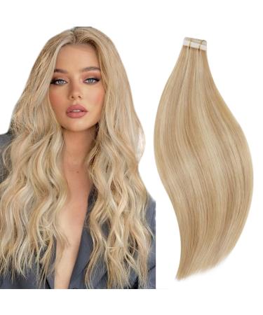 RUNATURE Blonde Tape in Extensions Human Hair Golden Blonde Highlights Platinum Blonde Tape in Hair Extensions Human Hair Blonde Tape in Extensions 16 Inch 50 Gram 16 Inch 1-Tape #16P24