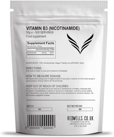 REDWELLS Non Flush Vitamin B3 Powder Nicotinamide - GMO Free 50g Pack (1 Pack) - Buy Online on GoSupps.com