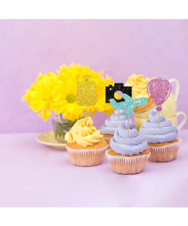 24pcs Travel Themed Cupcake Toppers Hot Air Balloon Airplane Cake Decor Pink&Blue Glitter Camera Cupcake Picks for Baby Shower Retirement/Travel Themed Party Decoration - Buy Online on GoSupps.com