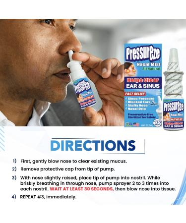Pressureze All Natural Sterile Nasal Spray - Fast Relief for Sinus Allergies, Congestion, Blocked Ears & Snoring | 130 Sprays 18ml 0.6 Fl Oz - Buy Online on GoSupps.com