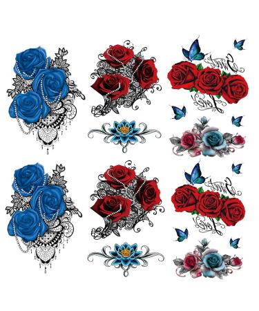 Yesallwas 6 Sheets Rose Temporary Tattoo Sticker Fake Tattoos for Women Girls Models,Waterproof Long Lasting Body Art Makeup Sexy Realistic Arm Tattoos -Rose, Flowers,Jewelry (Blue+Red)