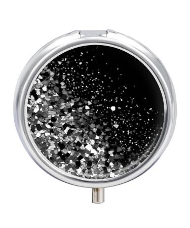 Round Pill Box Black White Glitter Print 3 Compartment Medicine Pill Case Print Pill Organizer Decorative Metal Portable Pill Box Pocket Pill Box Style