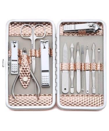 Manicure Set Professional Nail Clippers Kit Pedicure Care Tools- Stainless Steel Grooming Kit 12Pcs for Travel or Home (Rose Gold)