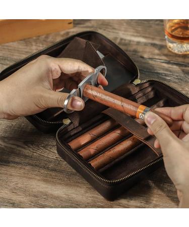 Vintage Crazy Horse Cowhide Leather Cigar Box 4 Cigars Traveling Cigar Set Storage Box with Wrist Wrap and Storage Pockets- Zipper Closure for Man - Buy Online on GoSupps.com