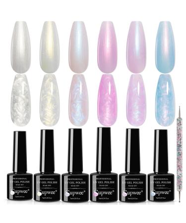 SUPWEE Pearl Gel Nail Polish Set - 6 Colors Thread Shell Gel Polish Glitter Shimmer Soak Off UV LED Lamp Shiny Pearlescsent Spiral Effect for Home Salon Manicure Gel Nail Kit 134
