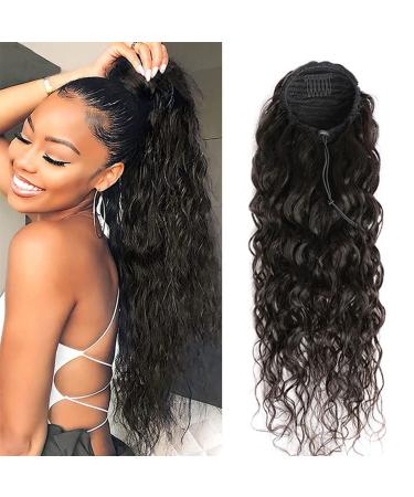 Drawstring Ponytail Water Wave Human Hair Clip in Hair Extension Curly Straight Natural Black 100% Brazilian Human Hair Ponytails Afro for Black Women Ponytail (16 Inches 105g) 16 Inch Water Wave Ponytail
