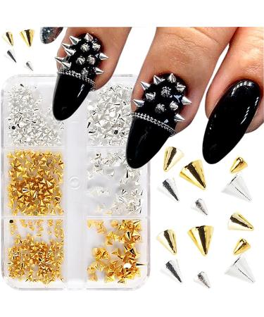 JERCLITY 1Box Gold and Silver Cone Nail Charms Alloy Mini Metal Rivet Nail Charms for Acrylic Nails Flat Base Punk Style Cone Nail Studs Cone Spike Nail Rivets for Women Nail Art