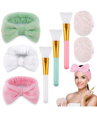 Zocipro 3 piece of hair band cosmetics with 3 pieces of silicone brushes and 2 facial sponge Bowknot hair bands is made of coral fleece make -up hair band for face shower yoga sport skin care