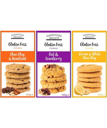 Farmhouse Luxury Biscuits Gluten Free Cookies Selection - Choc Chip & Hazelnut Lemon & White Choc Chip and Oat & Cranberry 150g each Gifting for Hampers - Buy Online on GoSupps.com