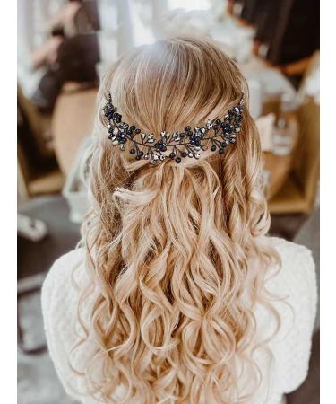 IYOU Crystal Wedding Hair Vines Black Rhinestone Bride Headband Flower Bridal Guest Hair Accessories for Women