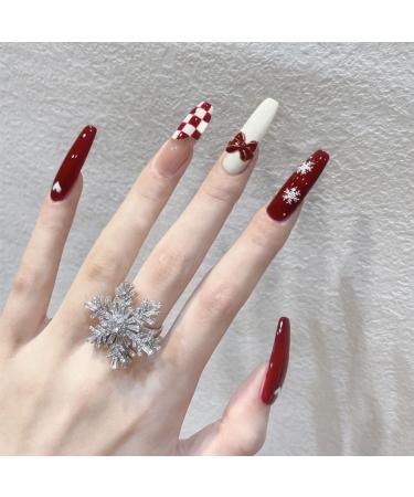 JUSTOTRY 24 Pcs Christmas Press on Nails Long Red French Fake Nails with Bow Patterns Cute Coffin Stick on Nails for Women Acrylic Ballerina False Nails with Glue for Nail Art RBS