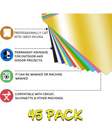 CAREGY HTV Vinyl Bundle: 45 Pack 12x10 Heat Transfer Vinyl Sheets - Assorted Colors for DIY T-Shirts - Includes Teflon Iron On Vinyl - 45Colors - Buy Online on GoSupps.com