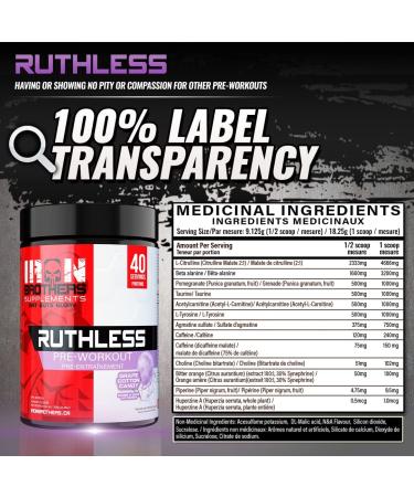 Iron Brothers Supplements Ruthless Pre workout Powder for Women & Men | Creatine-Free Nitric Oxide Booster | Energy & Focus | Workout Supplement Bulk Pre-Workout | 40 Servings (Grape Cotton Candy) - Buy Online on GoSupps.com