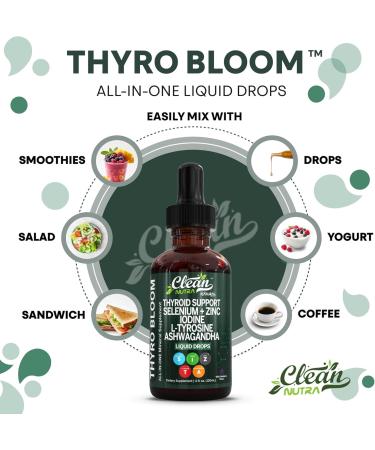 Clean Nutra Thyroid Support Drops Selenium Zinc Iodine L Tyrosine KSM66 Ashwagandha Vitamin D3 B12 A C Turmeric Kelp Schisandra Guggul Cayenne Basil Liquid Supplement Folate Copper Thyro Bloom Drop Wild Berry - Buy Online on GoSupps.com