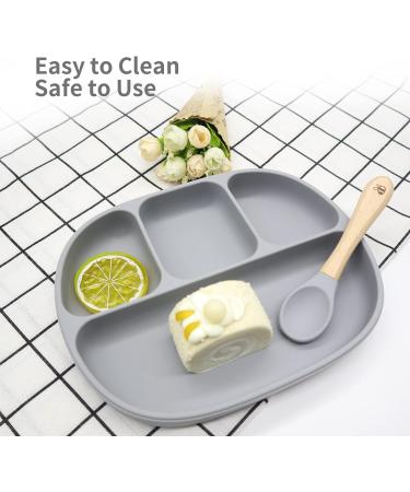 Baby Weaning Set | Toddler Feeding Set | Suction Plate Cup Bowl Spoon Fork Snack Cup Lid | Silicone & Wood Materials (Grey) - Buy Online on GoSupps.com