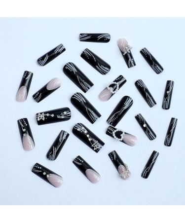 24pcs Black Bow Long Coffin Fake Nail Love Pearl Press on Nails Butterfly Stripes Polka Dot Luxurious Nails Acrylic Nails Fake Nails For Women Girls - Buy Online on GoSupps.com