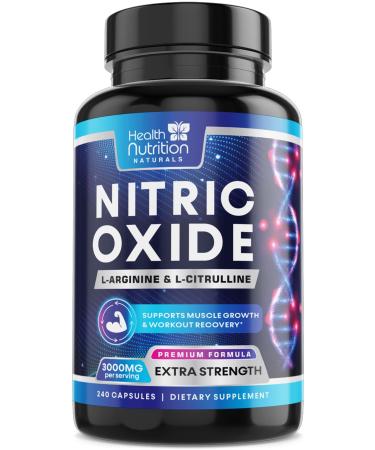 Extra Strength Nitric Oxide Booster 3000mg - 3X L-Araginine AKG & HCI + L-Citrulline Malate - Best Muscle Supporting Nitric Supplement - Natural Energy Heart Health Support Bottled USA - 240 Capsules 240 Count (Pack of 1)