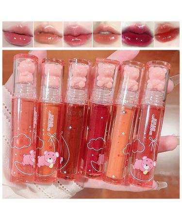 6 Colors Bear Lip Gloss Jelly Lip Glaze Cute Liquid Lipstick Bear Lip Stain Watery Lipgloss Plumping Lip Tint Moisturizing Waterproof Long Lasting for Lip and Cheek