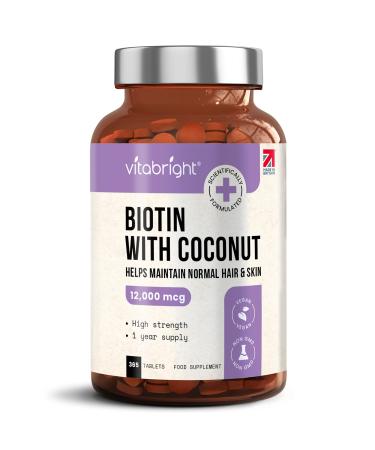 Biotin for Hair Growth Skin and Nails - 12 000mcg High Strength - 365 Tablets (1 Year Supply) - Enriched with Coconut Oil Powder - Natural D-Biotin (Biologically Active) - Made in UK by VitaBright