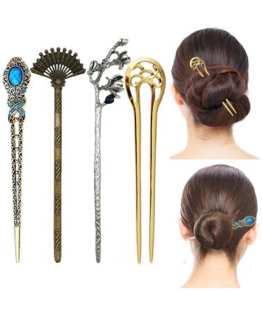 Hair stick Chinese metal bronze hair knot eating sticks with diamond/flower rhinestone chinese hairpin/retro sector hair jewelry and underform hairstick-4-pc.