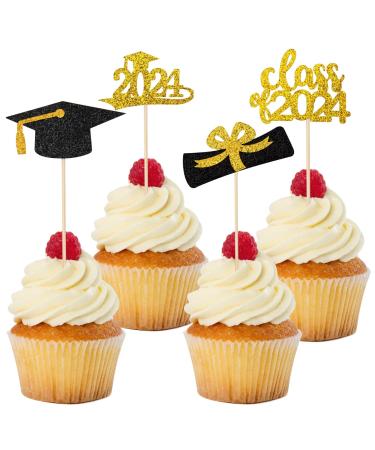 SANNIX 2024 Graduation Cupcake Toppers 48Pcs Double-Sided Glitter Graduation Themed Class of 2024 Food Decorations Grad Cap Diploma Cake Picks Topper for 2024 Graduation Party Supplies(Gold) Gold 48