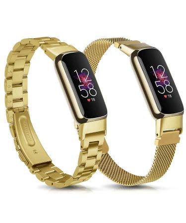 KOREDA Compatible with Fitbit Luxe Bands Sets, 2 Pack Stainless Steel Metal Band + Mesh Woven Strap Replacement Bracelet Wristband for Fitbit Luxe Fitness and Wellness Tracker (Champaign Gold)