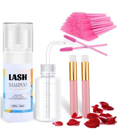 150ML Eyelash Extension Cleanser + Rinse Bottle+ 2 Brushes+50 Mascara Wands, Eyelash Extension Shampoo, Eyelid Foaming Cleanser, Eyelash Wash and Lash Bath for Extensions, Oil Free(Rose)