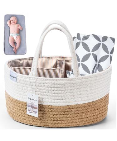 Ropesmart Baby Diaper Caddy Organizer, Portable diaper caddy,Cotton Rope Shower Gift Basket,Diaper Storage Basket for ChangingTable & Car with Removable dividers,Portable changing Pad inc(Jute)
