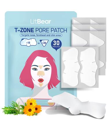 LitBear T-Zone Patch (2 Size 30 Patches)  XL Hydrocolloid Patch for Nose Forehead Chin Oily Pore  Pimple  Zit  Hydrocolloid Nose Strips to Absorb Acne Gunk Overnight  with Tea Tree & Calendula Oil T Zone Patches