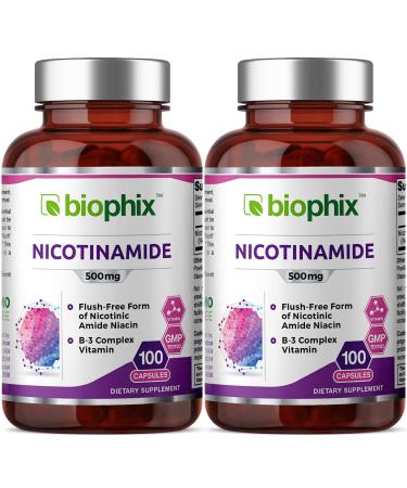 B-3 Nicotinamide 500 mg 100 Caps 2 Pack - Nicotinic Amide Niacin Natural Flush-Free Vitamin Formula - Supports Skin Cell Health