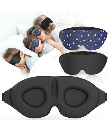 Sleep Eye Mask for Men Women 3D Contoured Cup Concave Molded Block Out Light Molded Soft Comfort Eye Shade with Adjustable Strap for Travel 1 Count (Pack of 2) Upgrade Gentle-stars & Black