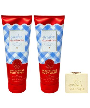 Bath & Body Works Gingham All-American 2 Moisturizing Body Washes with a Creamy Rose Bar Soap
