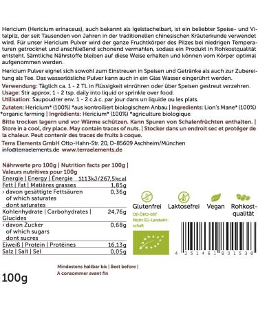 Terra Elements Organic Hericium Powder 100g I Hydne Herisson I 100% Pure I Vegan I Raw Quality - Buy Online on GoSupps.com