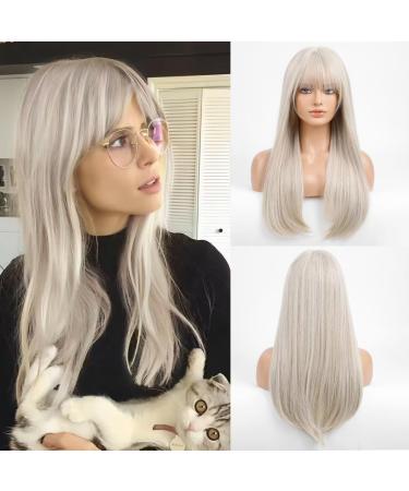 HAIRCUBE Long Grey Wigs for Women with Highlights Straight Wigs with Fringe for Daily Grey with Highlights