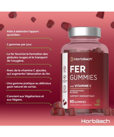 Iron Gummies Adult 14mg with Vitamin C | 90 Vegan Cherry Flavor Gummies | Iron & Vitamin C Dietary Supplement | Iron Supplement | by Horbaach - Buy Online on GoSupps.com