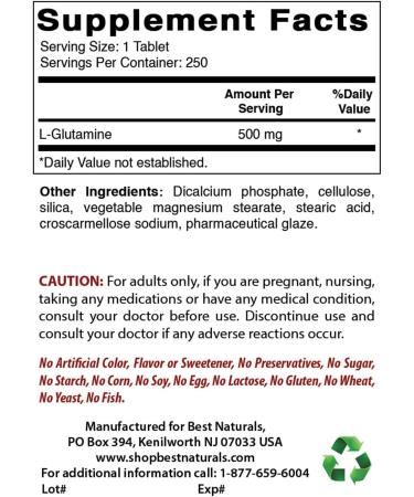 Best Naturals L-Glutamine 500mg 250 Tablets - Pack of 2 (500 Count Total) - Buy Online on GoSupps.com
