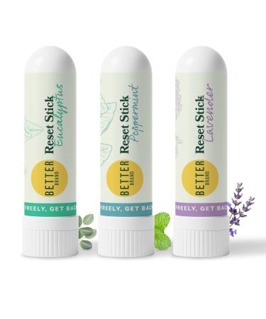 Betterbrand Reset Stick Trio Natural Nasal Inhaler for Congestion Relief, Peppermint, Eucalyptus & Lavender Aromatherapy, Non-Medicated, Travel-Friendly Sinus Support - Pack of 3