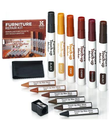 Katzco Furniture Repair Kit Wood Markers | Set of 13 | Markers and Wax Sticks with Sharpener | for Stains, Scratches, Floors, Tables, Desks, Carpenters, Bedposts, Touch-Ups, Cover-Ups, Molding Repair