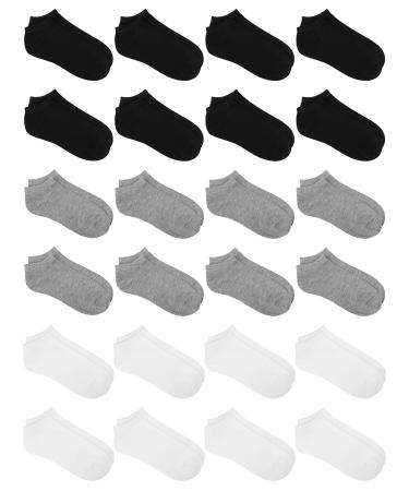 URATOT 24 Pairs Kids' Low Cut Socks Boys' or Girls' Half Cushion Socks Athletic Ankle Socks 6-8 Years Black, White, Grey
