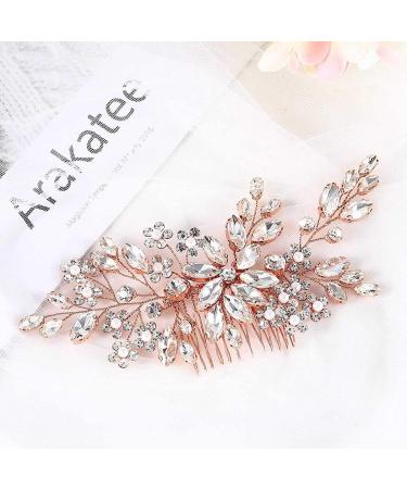 Catery Flower Crystal Bride Wedding Hair Comb Hair Accessories with Pearl Bridal Side Combs Headpiece for Women (Rose Gold)